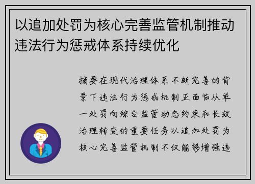 以追加处罚为核心完善监管机制推动违法行为惩戒体系持续优化